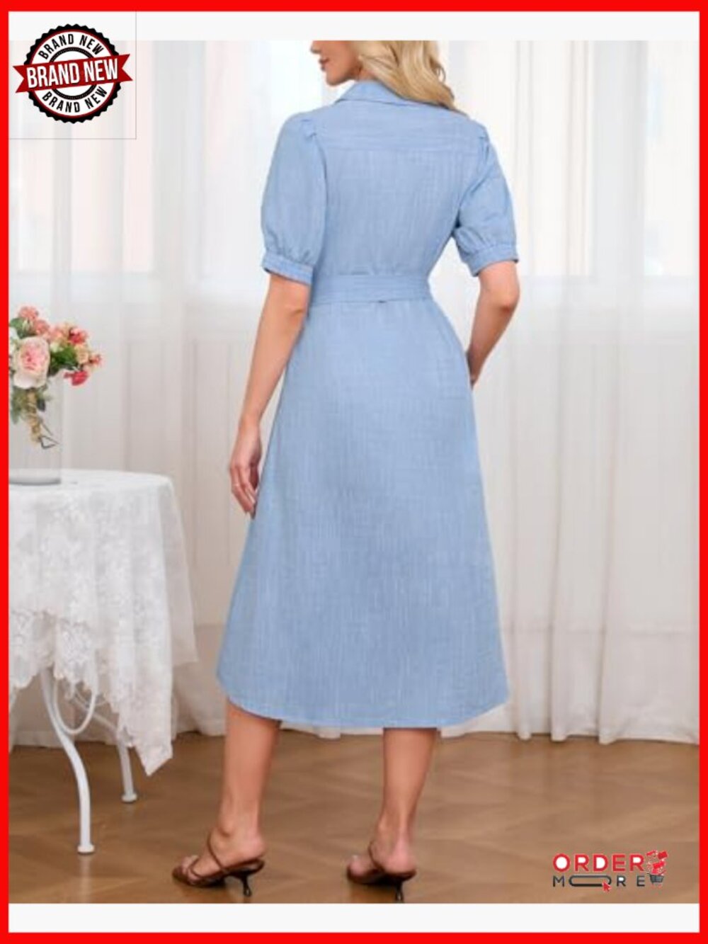 Button Down Shirt Dress Puff Short Sleeve Midi Tunic with Belt - Picture 2 of 6